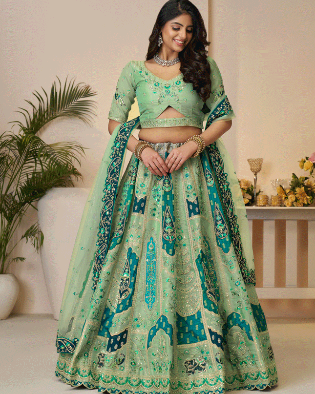 Spectacular Green Embroidered Banarasi Silk Wedding Festive Lehenga Choli