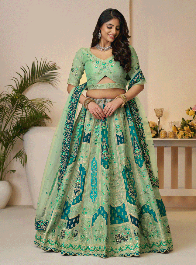 Spectacular Green Embroidered Banarasi Silk Wedding Festive Lehenga Choli