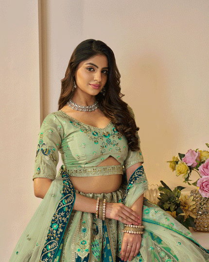 Spectacular Green Embroidered Banarasi Silk Wedding Festive Lehenga Choli