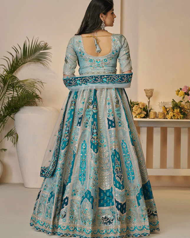 Sky Blue Embroidered Banarasi Silk Wedding Festive Lehenga Choli