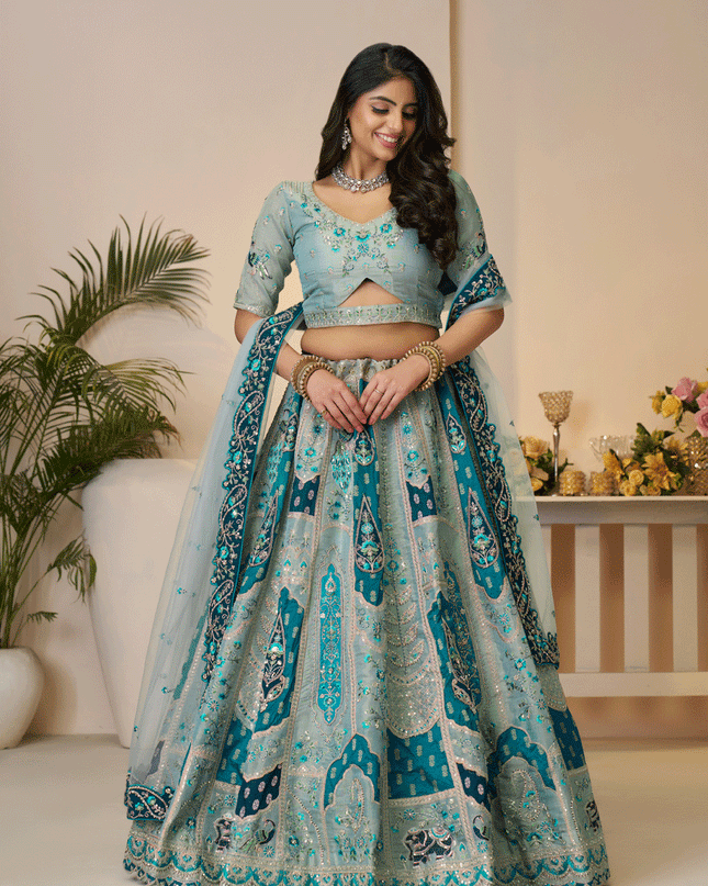 Sky Blue Embroidered Banarasi Silk Wedding Festive Lehenga Choli