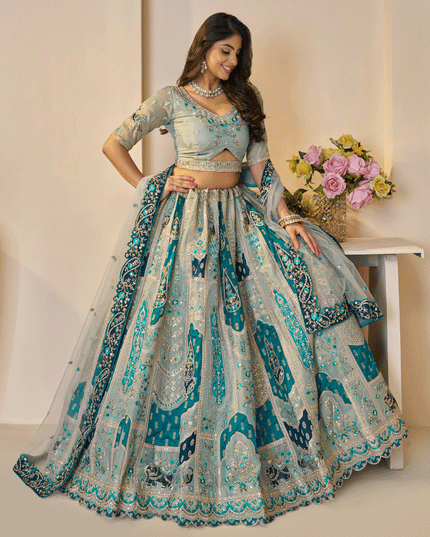 Sky Blue Embroidered Banarasi Silk Wedding Festive Lehenga Choli