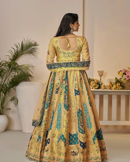 Yellow Embroidered Banarasi Silk Wedding Festive Lehenga Choli