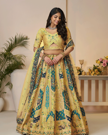 Yellow Embroidered Banarasi Silk Wedding Festive Lehenga Choli