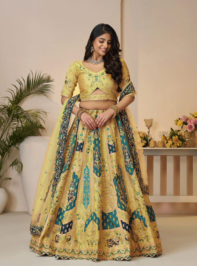 Yellow Embroidered Banarasi Silk Wedding Festive Lehenga Choli