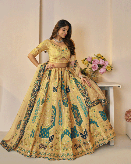 Yellow Embroidered Banarasi Silk Wedding Festive Lehenga Choli