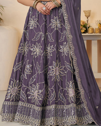 Awesome Purple Embroidered Satin Sangeet Wear Lehenga Choli