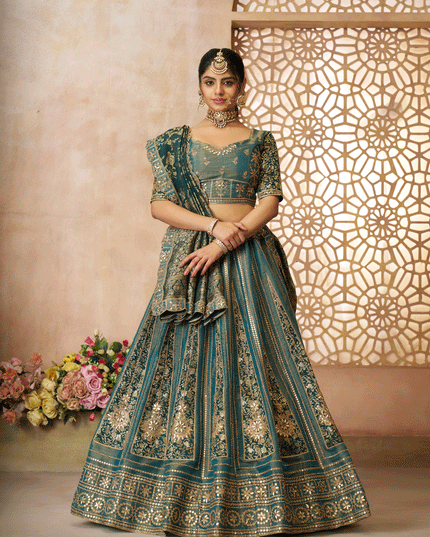 Glamorous Green Tissue Silk Wedding Wear Lehenga Choli