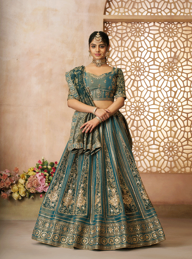 Glamorous Green Tissue Silk Wedding Wear Lehenga Choli