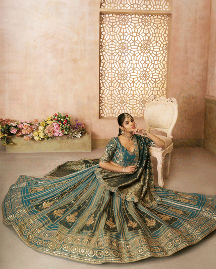 Glamorous Green Tissue Silk Wedding Wear Lehenga Choli