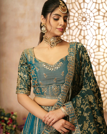 Glamorous Green Tissue Silk Wedding Wear Lehenga Choli