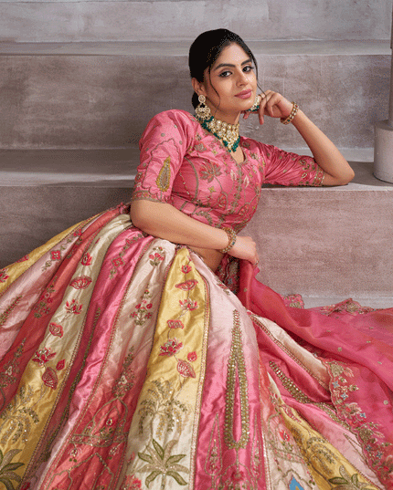 Pink Banarasi Silk Heavy Embroidered Wedding Lehenga Choli