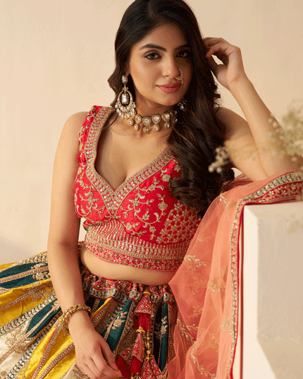 Multicolor Embroidered Sequins Silk Lehenga Choli