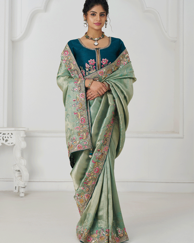 Sage Green Embroidered Zari Saree For Traditional Wear For Engagement Wedding Functions