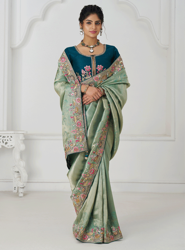 Sage Green Embroidered Zari Saree For Traditional Wear For Engagement Wedding Functions