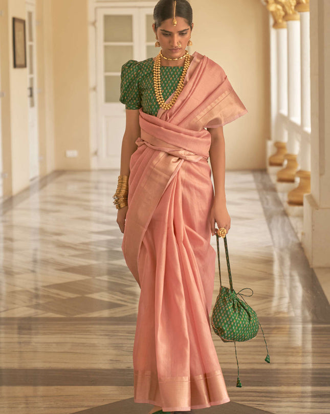Blush Pink Organza Woven Party Wear Saree