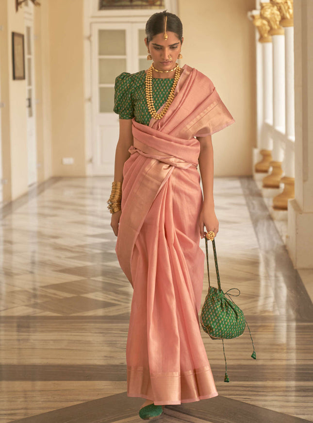 Blush Pink Organza Woven Party Wear Saree