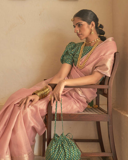 Blush Pink Organza Woven Party Wear Saree
