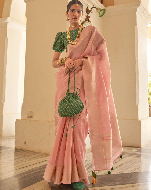 Blush Pink Organza Woven Party Wear Saree