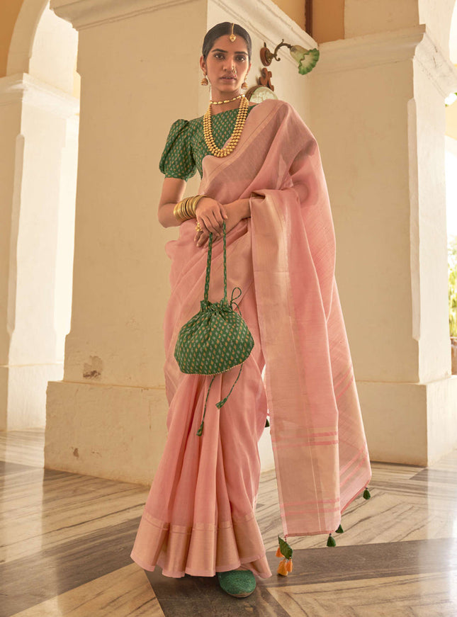 Blush Pink Organza Woven Party Wear Saree
