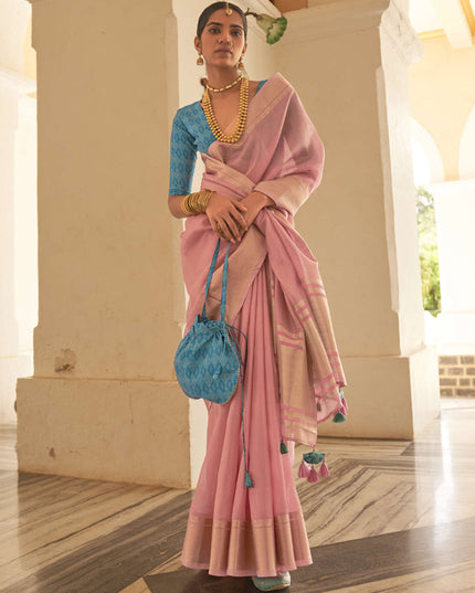 Carnation Pink Organza Woven Party Wear Saree