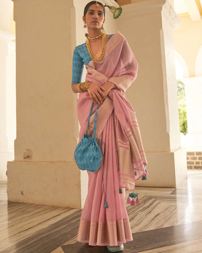 Carnation Pink Organza Woven Party Wear Saree