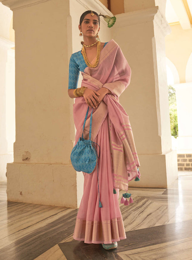 Carnation Pink Organza Woven Party Wear Saree