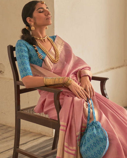 Carnation Pink Organza Woven Party Wear Saree