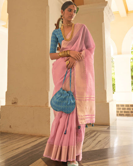 Carnation Pink Organza Woven Party Wear Saree