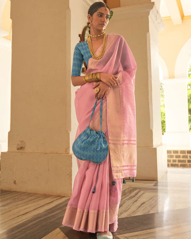 Carnation Pink Organza Woven Party Wear Saree
