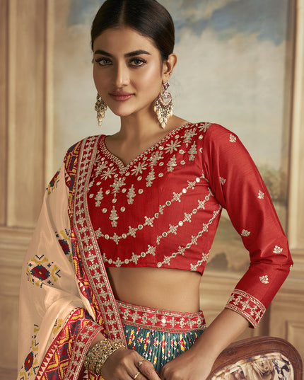 Teal Green Flared Gaji Silk Lehenga Choli for Ceremonial