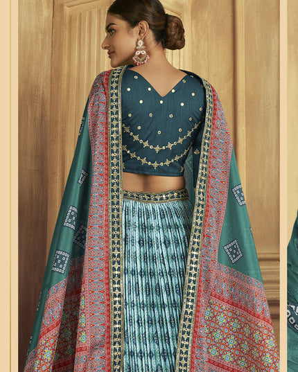 Aqua Blue Flared Gaji Silk Lehenga Choli for Sangeet