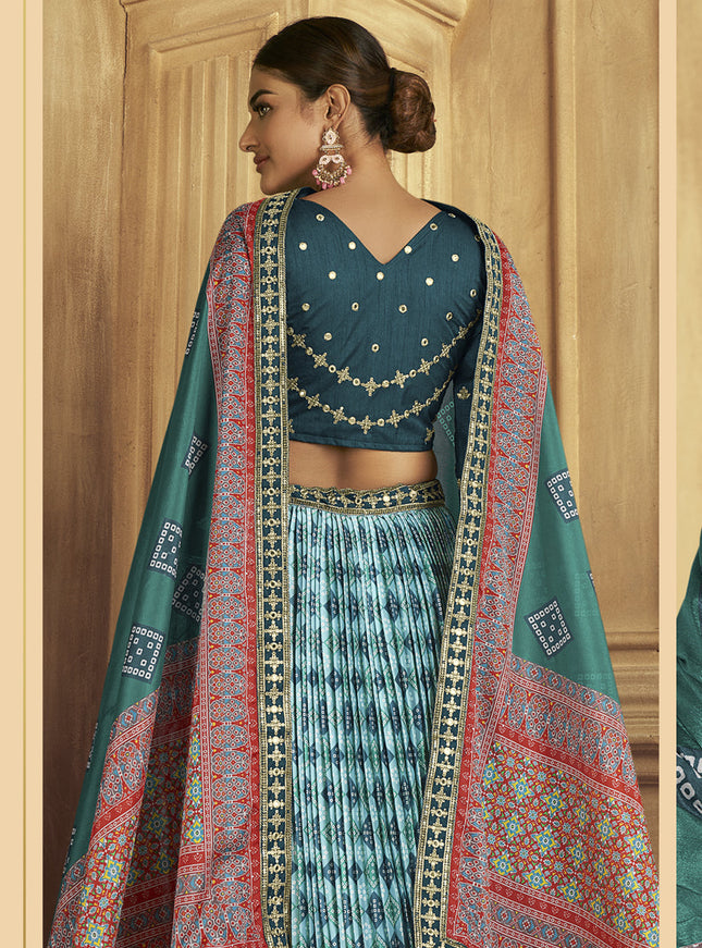 Aqua Blue Flared Gaji Silk Lehenga Choli for Sangeet
