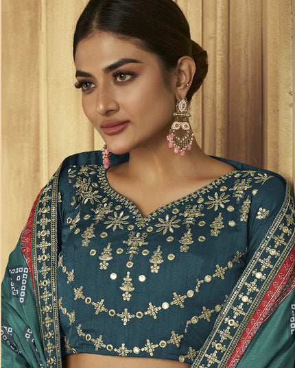 Aqua Blue Flared Gaji Silk Lehenga Choli for Sangeet