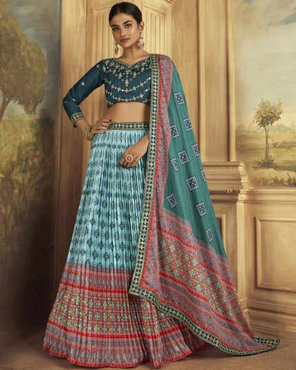 Aqua Blue Flared Gaji Silk Lehenga Choli for Sangeet