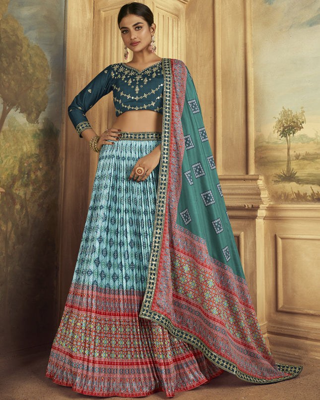 Aqua Blue Flared Gaji Silk Lehenga Choli for Sangeet