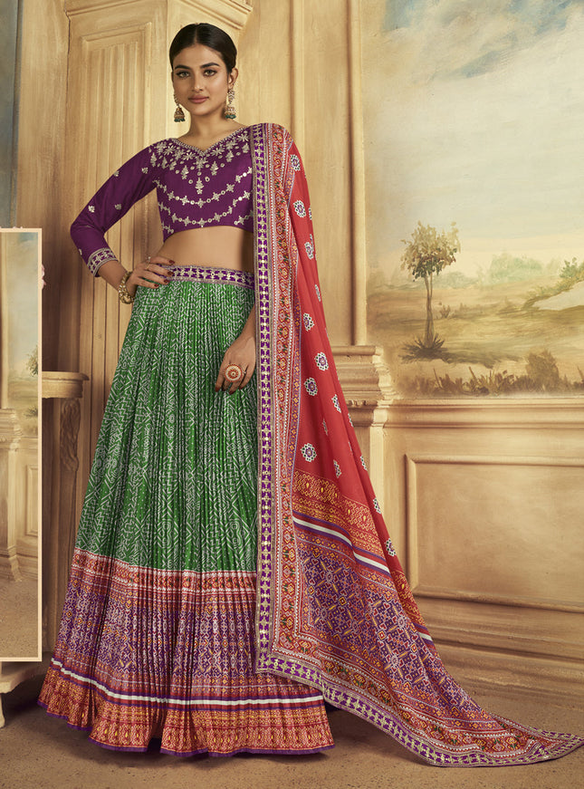 Kelly Green Flared Gaji Silk Lehenga Choli for Ceremonial