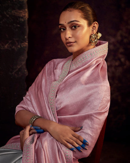 Grey and Pink Heavy Designer Saree