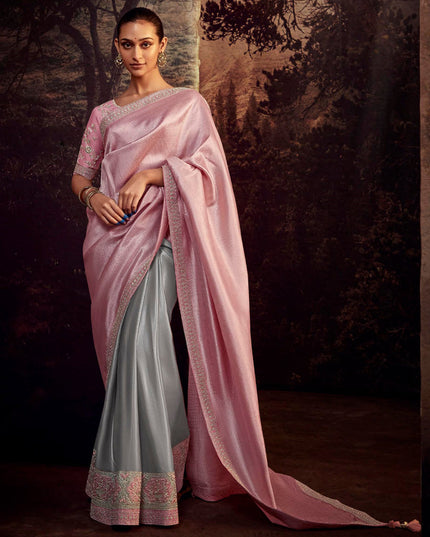 Grey and Pink Heavy Designer Saree