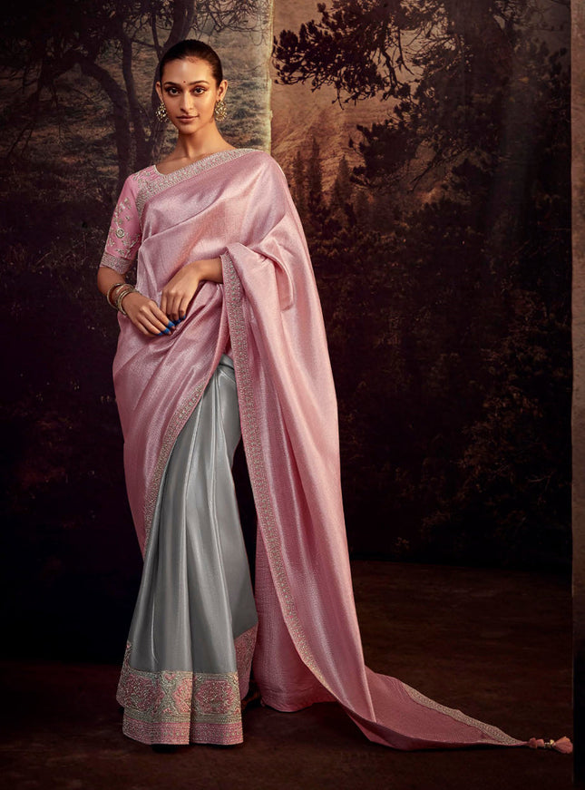 Grey and Pink Heavy Designer Saree