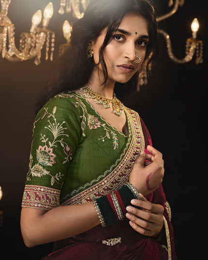 Garnet Brown Embroidered Designer Saree