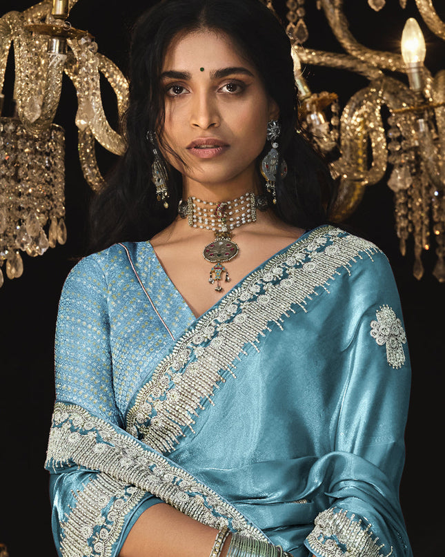 Azure Blue Tissue Silk Embroidered Designer Saree