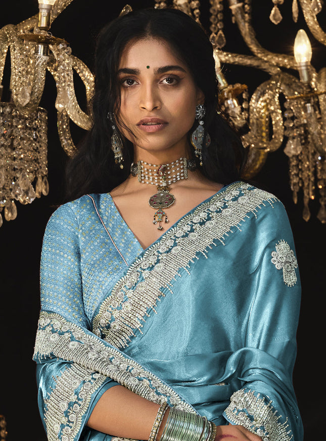 Azure Blue Tissue Silk Embroidered Designer Saree