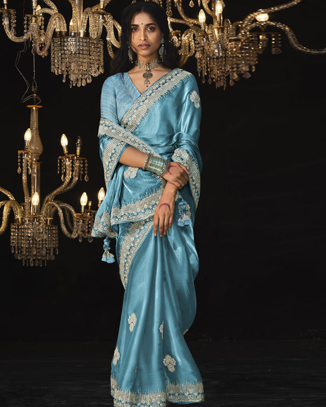Azure Blue Tissue Silk Embroidered Designer Saree