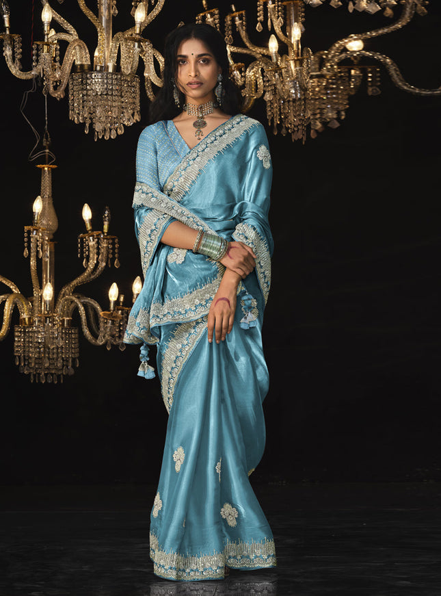 Azure Blue Tissue Silk Embroidered Designer Saree