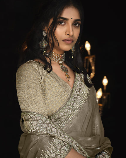 Dusty Grey Tissue Silk Embroidered Designer Saree
