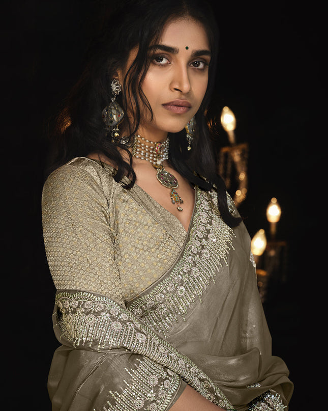 Dusty Grey Tissue Silk Embroidered Designer Saree