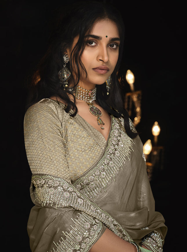 Dusty Grey Tissue Silk Embroidered Designer Saree