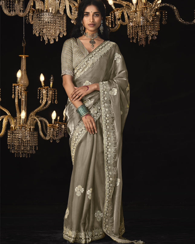 Dusty Grey Tissue Silk Embroidered Designer Saree