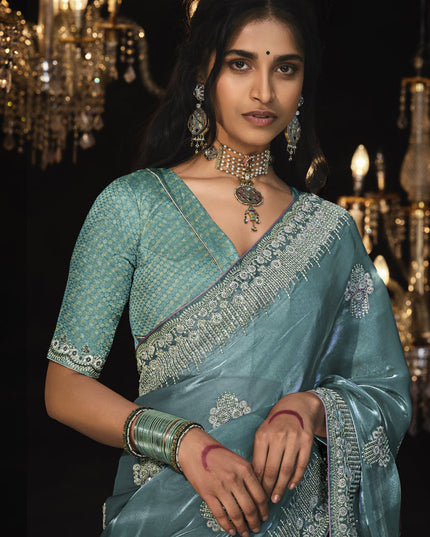 Teal Blue Tissue Silk Embroidered Designer Saree
